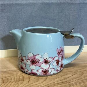 ALFRED Blue Floral TEAPOT Pink Flowers Tea Pot Ceramic Stainless Steel 20 OZ